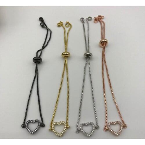 5pcs/lot Micro Pave CZ Heart Shape Chain Adjustable Bracelet Pull Tie Heart Jewelry
