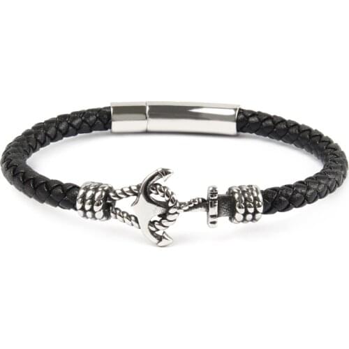 Ailatu 10pcs Stainless Steel Anchor Bracelets Genuine Leather Bracelet & Bangles for Men Jewelry Black Color Fashion Gift