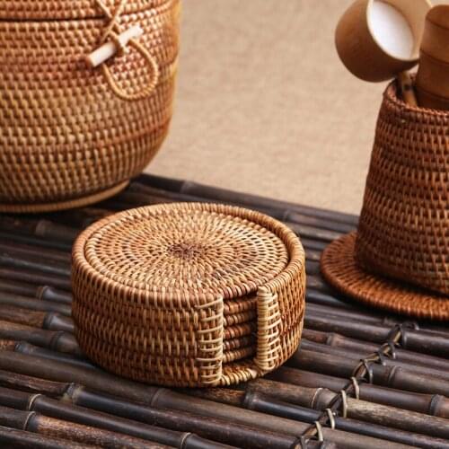 6Pcs/ Drink Coasters Set For Kungfu Tea Accessories Round Tableware Placemat Dish Mat Rattan Weave Cup Mat Pad Diameter MJ918