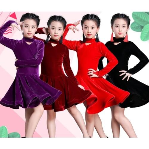 Children girl wine velvet latin dresses Gymnastics Dancewear Competition Dancing Costume Child ballroom Dance Dress For Girls