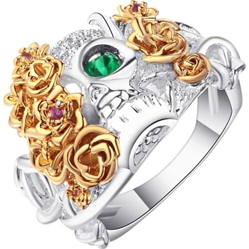 Hainon Vintage Silver Color Green Eye CZ Punk Style Rings for Men Women Skull Skeleton Gothic Party Band Flower Ring