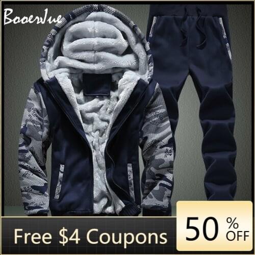 Winter Inner Fleece Hoodies Men 2020 Casual Hooded Warm Sweatshirts Male Thicken Tracksuit 2PC Jacket+Pant Men Moleton Masculino