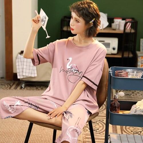 Newest Summer 100%Cotton Cartoon Women Pajamas Set Round Neck Casual Plus Size M-5XL Female Pyjamas Short Top+Short Pants