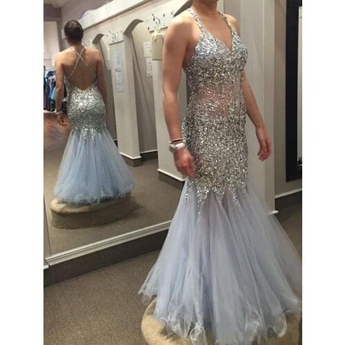 New Plus Size Prom Dresses See through Sexy Luxury Beaded Crystal Long V-Neck Backless Mermaid Party Formal Evening Gowns Backle