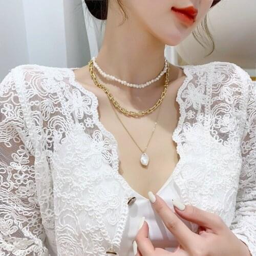 Origin Summer Unique Design Multi-layer Pearl Chunky Chain Pendant Necklace for Women High Street Irregular Necklace Jewelry