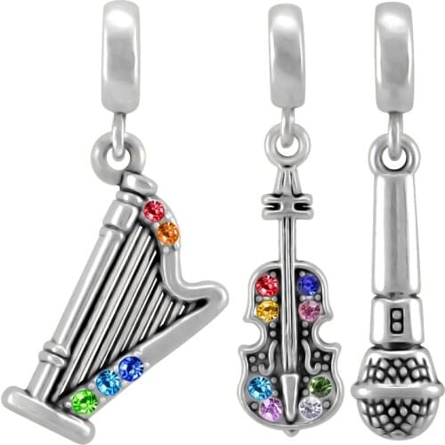 Silver Plated Microphone Guitar Musical Charms Pendant Fit Original Pandora Charm Bead Bracelet DIY Fashion Jewelry SPP204