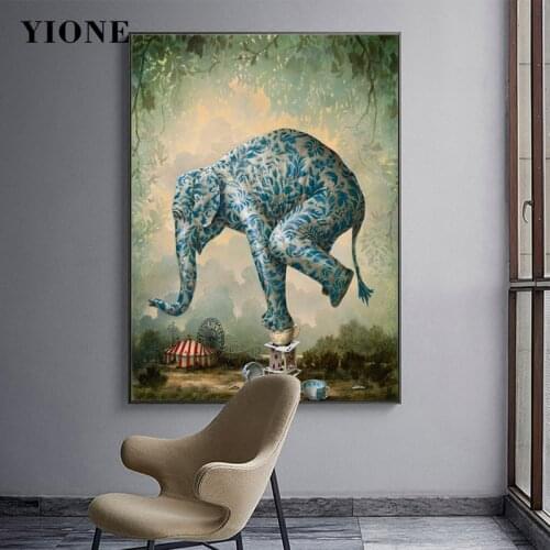 Blue Totem Acrobatics Elephant Art Poster Vintage Abstract Animal Canvas Picture Print Wall Decoration Painting for Living Room
