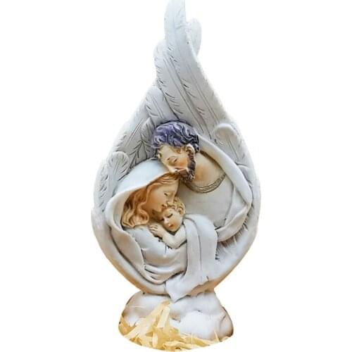 Jesus Statue Virgin Mary and Child Nativity Baptism with Angel Wing Resin Ornament Destop Decoration Religious Catholic Sacred