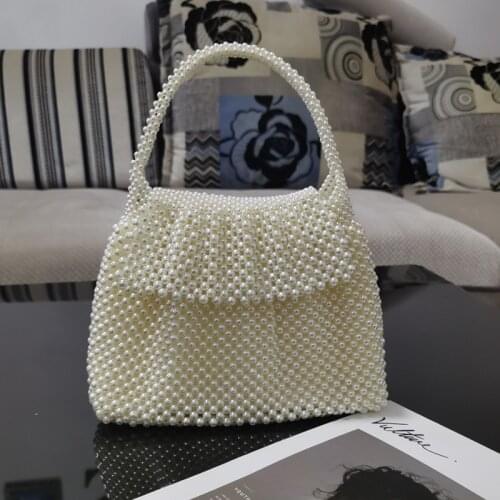 Hand Woven Pearls Tote Shoulder Bags Women 2021 New White Elegant Flap Beaded Evening Clutch Bags Chic Ladies Baguette Handbags