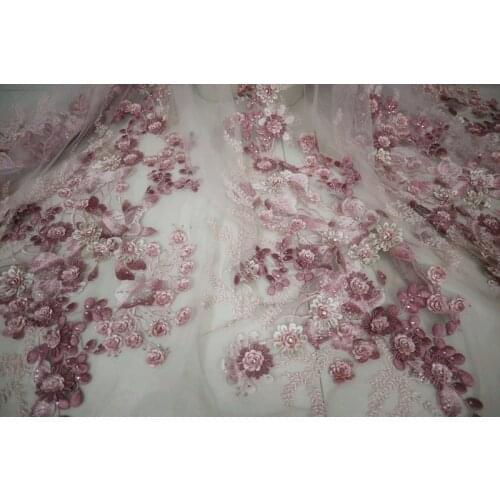 Dark pink 3D beaded lace fabric, 3D nude pink flowers beads floral embroidered lace fabric for bridal wedding fabric