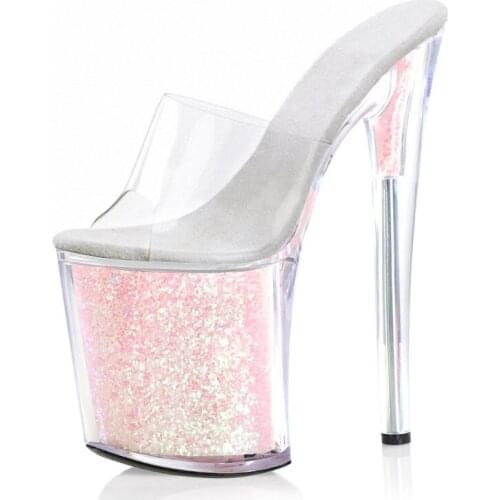 20CM Glitter Nightclub Platform Slippers Sexy Fetish Stripper Heels Open Toe Pole Dance Shoes Party High Model Women Full Dress