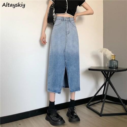 Denim Skirts Women Mid-calf Gradient Split Sexy Streetwear Retro New Designers Slim High Waist Simple Students Fashion Female