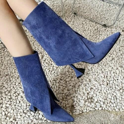 2021 Women Ankle Boots Fashion Thin High Heel Pointed Toe Ladies Short Boots Faux Suede High Quality Womens Boots Big Size 43