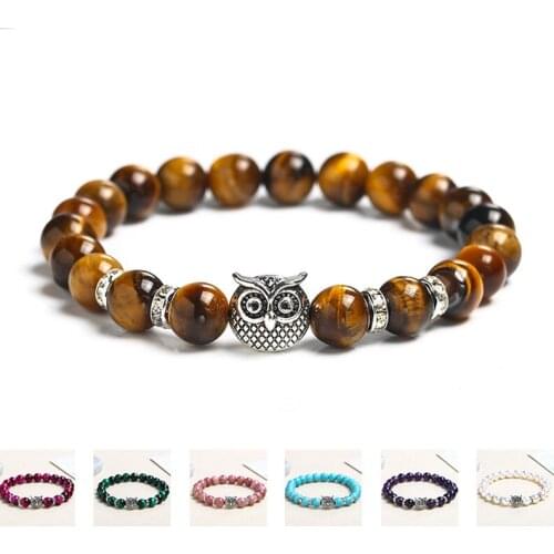 Charm Bracelet Beads Stone Owl Head Beaded Bracelet For Women Fashion 8mm Natural Stone Tiger Eye Onyx Lava Lapis Beads Bracelet