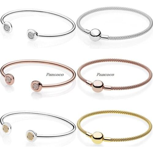 Authentic 925 Sterling Silver Rose Gold & Silver Snake Chain Ball Clasp Mesh Bracelet Bangle Fit Women Charm Fashion Jewelry