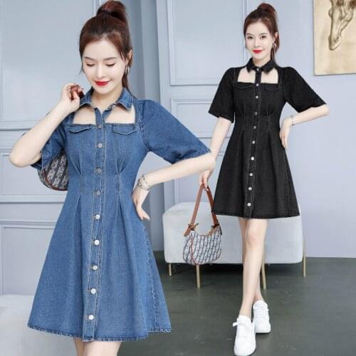 2021 new womens hollow lapel denim mini dress puff short-sleeved single-breasted slim waist jean short dress sexy fashion robes