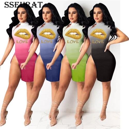 SSEURAT Women Dress Gradient Print Zip Short Sleeve Sheath Elastic Bodycon Mini Dresses Female Fashion Casual Dress 2021