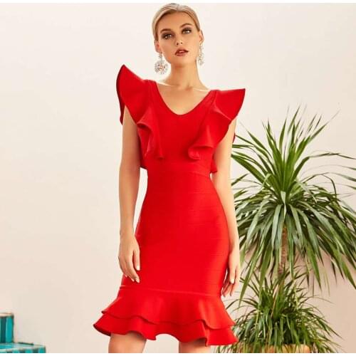 DEIVE TEGER Sexy V-Neck Butterfly Sleeveless Ruffle Tank Spaghetti Strap Bandage Midi Dress For Women HL5520