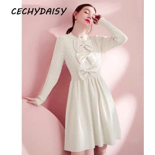 2021 Sweater Dress Women Fashion Autumn Winter Beading High Quality Elegant Vintage Bow Long Sleeve Lady Knitted Mini Dresses Za