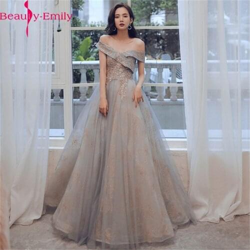 Beauty Emily Evening Dresses Long Off The Shoulder Gray Formal Dress For Women Plus Size Beading Lace robe de soiree 2021