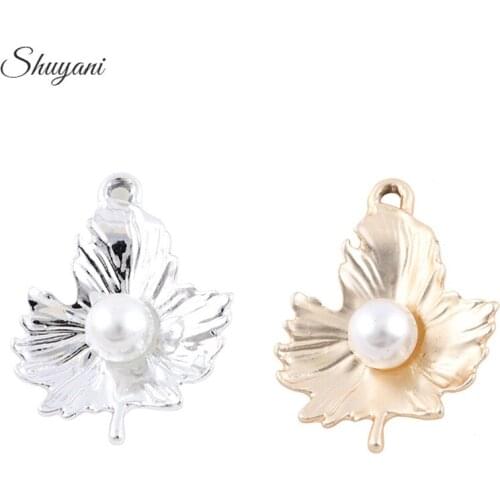 20 PCS Fashion Gold Silver Color Maple Leaf Charms Pendant with Imitation Pearl for Necklace Earrings Jewelry Making Accessory