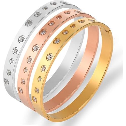 2021 New Model Lady Stainless Steel 3 Colors Cuff Bracelets & Bangles For Women Trendy 3 Rows Crystal Stone Bangle Jewelry