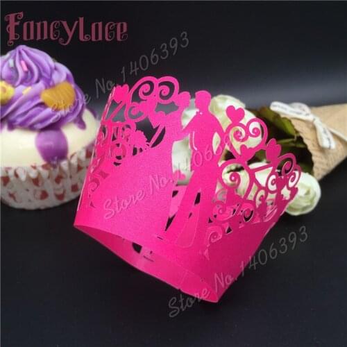 24pcs red Lace Laser Cut bride and groom Cupcake Wrapper Liner Baking Cup For Home Garden Wedding / Birthday Party Decoration