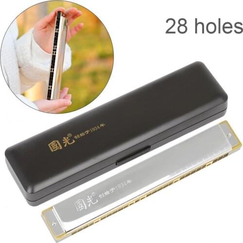 28 Holes Harmonica Key of C Wide Range Accent Silver Stainless Steel Musical Instrument with Case