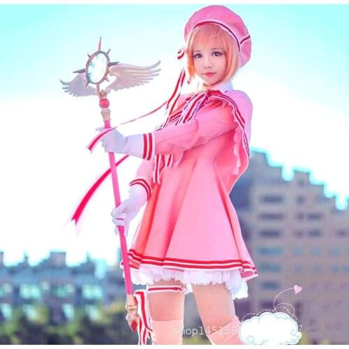 Anime Card Captor Sakura Cosplay Halloween Kinomoto Sakura Pink Dress