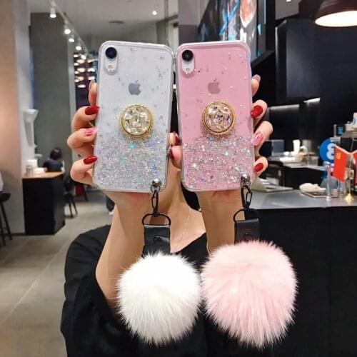 Glitter Powder Pink Phone Case for iPhone 11 Pro Max X/XS Max XR 6 6S 7 8 Plus with Diamonds Ring Stand Holder Fur Lanyard Cover