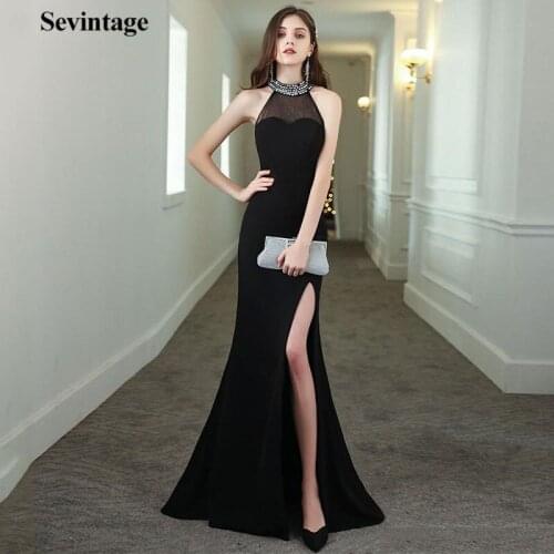 Sevintage Halter Mermaid Black Celebrity Dress Transparent Tulle Beads Back Prom Dress Slit Side Evening Gowns Formal Dress 2020