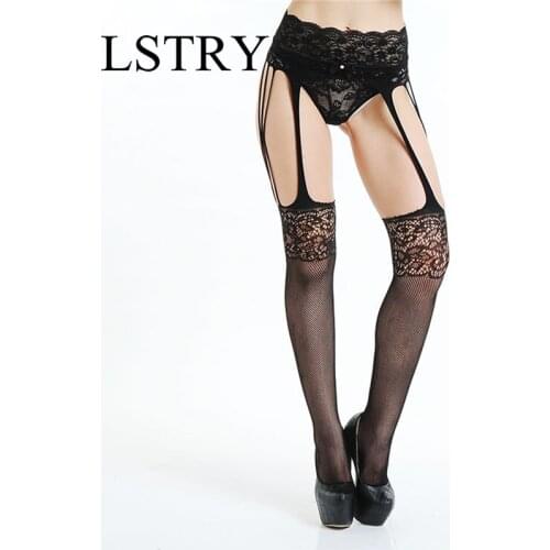 Black Lace Stockings Open Crotch Tights Lstry Lace Sexy Hosiery Women Thigh High Fishnet Embroidery Transparent Pantyhose Erotic