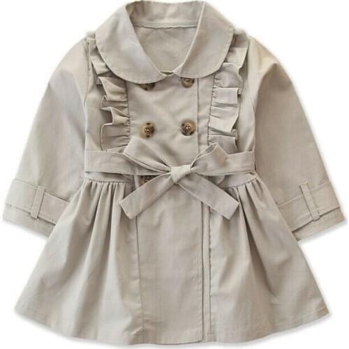 Children Girl Windbreaker Dress England Style Ruffles Double Breasted Coats Solid Fashion Kids Baby Girl Bow Belt Outerwear 2-7Y
