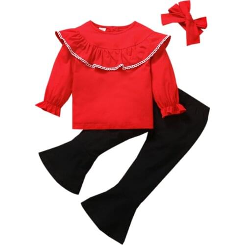 Children Solid Color Clothes Set Girls Long Sleeve O-neck T-shirt with Ruffles+Flared Trousers+Headband