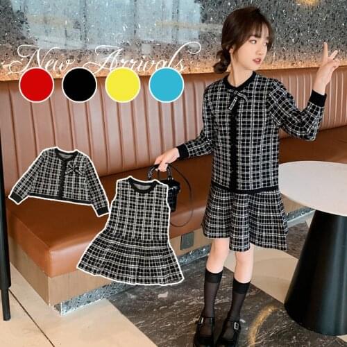 Elegant Girls Clothes New Cardigans Coats Plaid Sweaters Dress Suits Girls Clothing Sets Autumn Winter 2021 Knitted Kids Outfits