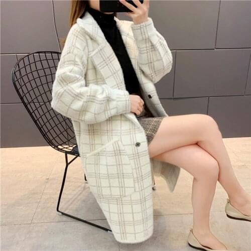 Mink Fur Cashmere Coat Autumn Winter Women Single-breasted Loose Sweater Cardigan Jacket Female lattice Long Mink Fur Coats T368