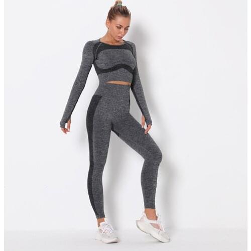 2021 New Women Seamless Gym Set Fitness High Waist Leggings + Long Sleeve Shirts Workout Sport Suit Tracksuit Active Sportswear