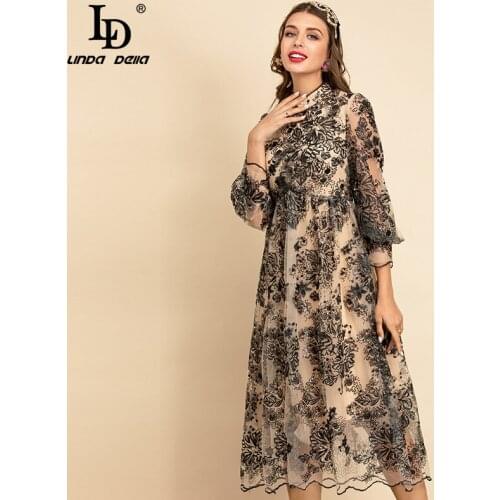 LD LINDA DELLA New 2021 Summer Runway Vintage Party Dress Womens Lantern Sleeve Black Mesh Sequins Embroidery A-Line Mid Dress