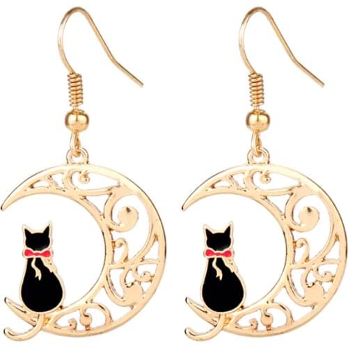 Cute White/Black Cat Earrings For Women Girl Animal Cat Sit Down Crescent Moon Dangle Earring Brincos Wedding Party Accessories