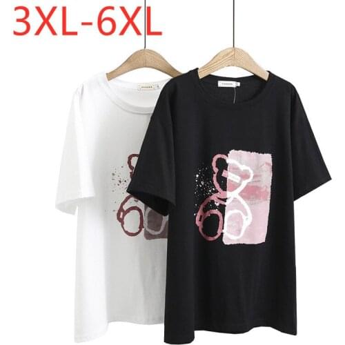 New 2021 Ladies Summer Plus Size Tops For Women Large Short Sleeve Loose Cotton White Black Print Bear T-Shirt 3XL 4XL 5XL 6XL