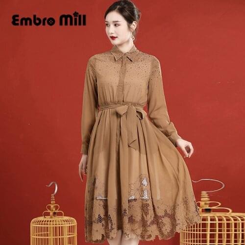 Summer New Palace Hollow Embroidery +Diamond Mid-Length Slimming Chinese Style Single-Breasted Luxurious Womens Clothing M-3XL