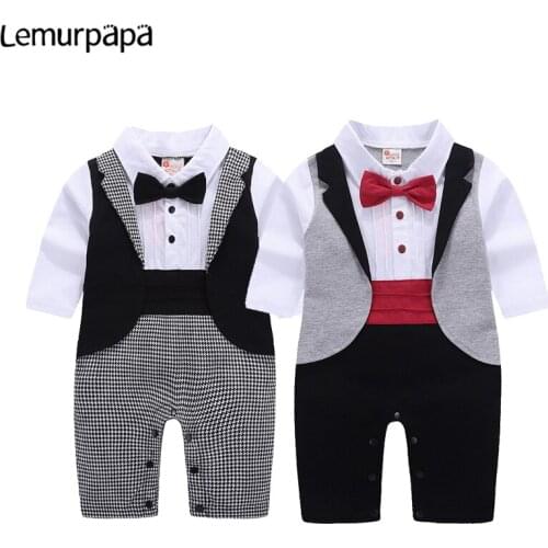 Baby Boy Clothes Infant Romper 2021 Autumn Birthday Party Clothing Outfit Fashion Bow Tie Boys Onesie Kids Gentleman Suit 0-18M