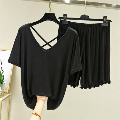 Sexy Pijamas Women Basic Tshirt Korean Clothes Solid Color Knitted Top Stretch Backless Summer Ladies Sleepwear Pajama Set