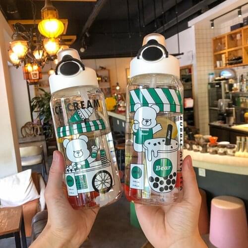 Plastic Water Cup Large Capacity Portable Childrens Straw Water Cup Lock Water Bottle Fashion Ins White Bear Cafe Water Bottle