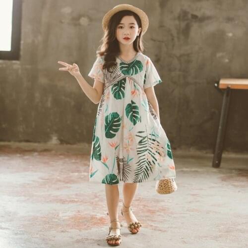 Teenage Girls Loose Short-sleeved V-neck Dress 2021 Summer Kids Ethnic Plant Print Dress Girls Long Dress Seaside Vacation Dress