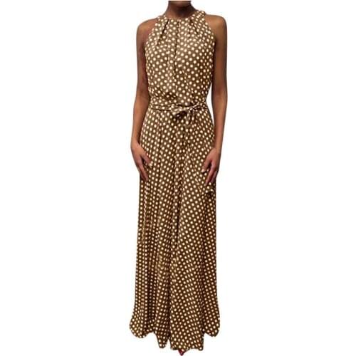 Women Summer Dress Dot Print Long Maxi Dress Sundress Sleeveless Halter Neck Coffee Casual Dresses Lady Beach Party Dress 2020