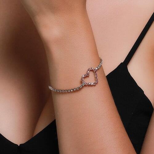 Festival Birthday Gift Hollow Heart Simple Red Rhinestone Alloy Chain Golden Bracelets for Women
