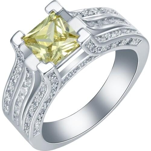 Silver plated ring yellow zircon white cz simple design high quality fashion princess women wedding engagement gift ring jewelry