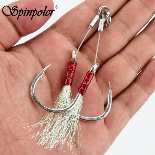 Spinpoler 2 pairs/lot 1/0 2/0 3/0 5/0 7/0 Fishing Hook Double Jighooks Jigging Hook With Feather Jig Hooks assist rig Fish Tackl