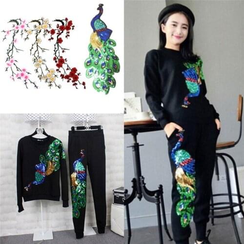 Embroidered Plum Blossom Flower Applique Clothing Embroidery Patch Big Peacock Fabric Sticker Iron On Sew On Patch Craft